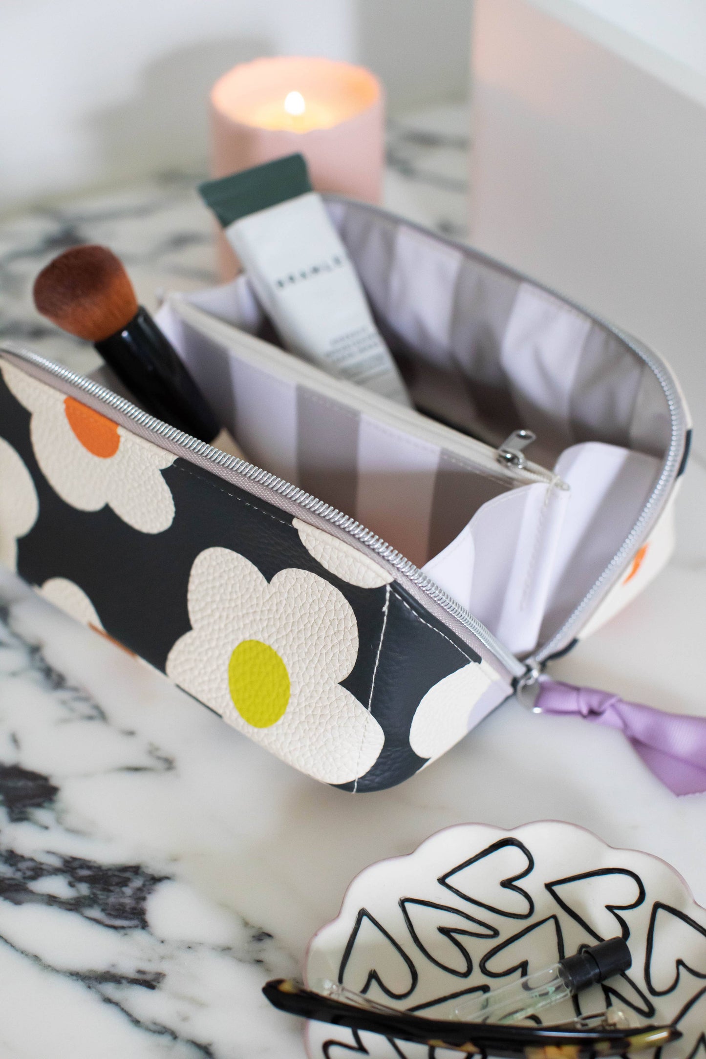 Caroline Gardner - Multi Flower Charcoal Diagonal Cosmetic Bag