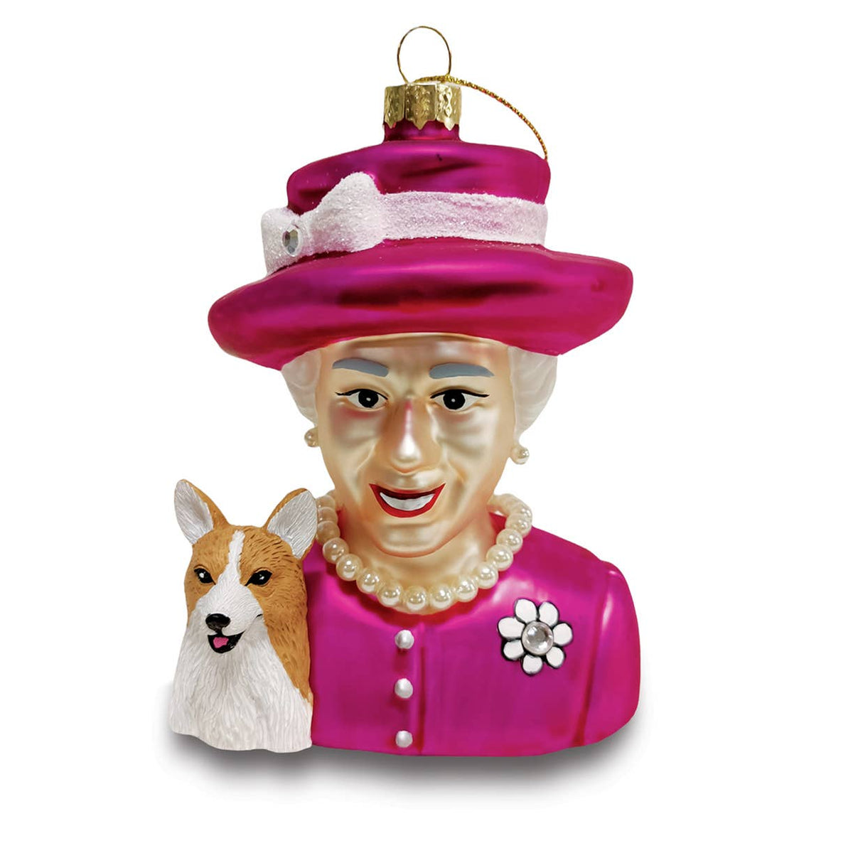 Queen Elizabeth with Corgi Glass Ornament