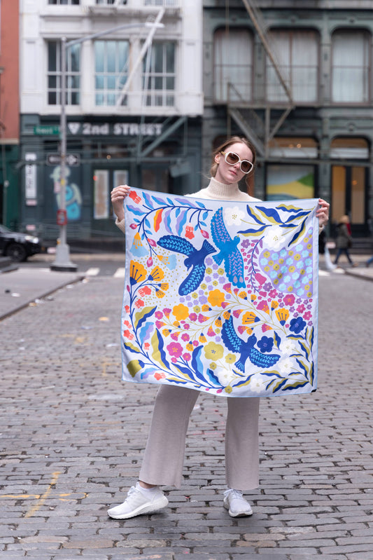 Jessie Zhao New York | Double Sided Silk Scarf of Blue Birds