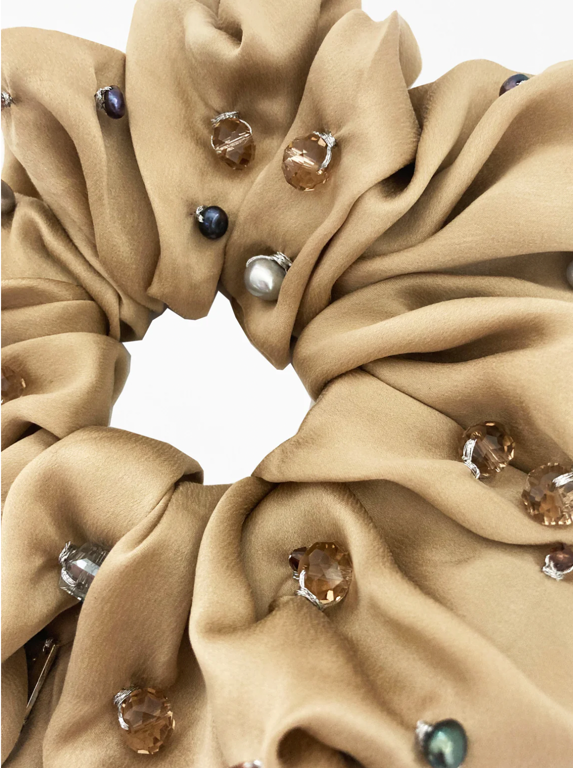 Aethera | Cultured Pearl & Crystal Silk Scrunchie - Bronze
