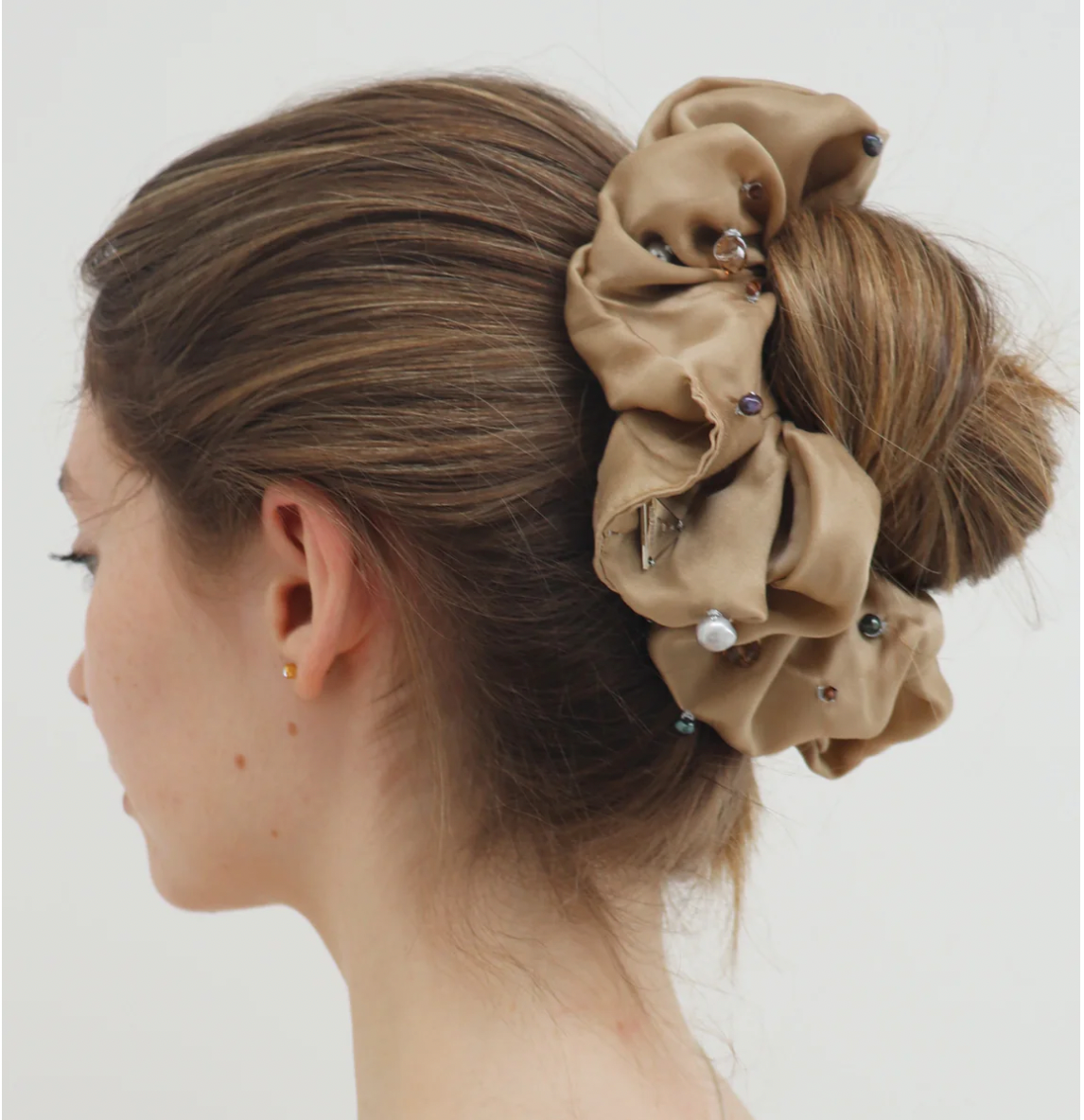 Aethera | Cultured Pearl & Crystal Silk Scrunchie - Bronze