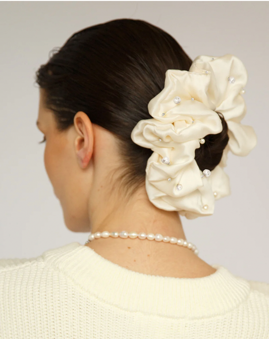 Aethera | Cultured Pearl & Crystal Embellished Silk Scrunchie - Pearl