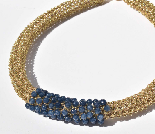 Hara Karamichali | Tube Knitting Necklace Gold - Aqua Blue