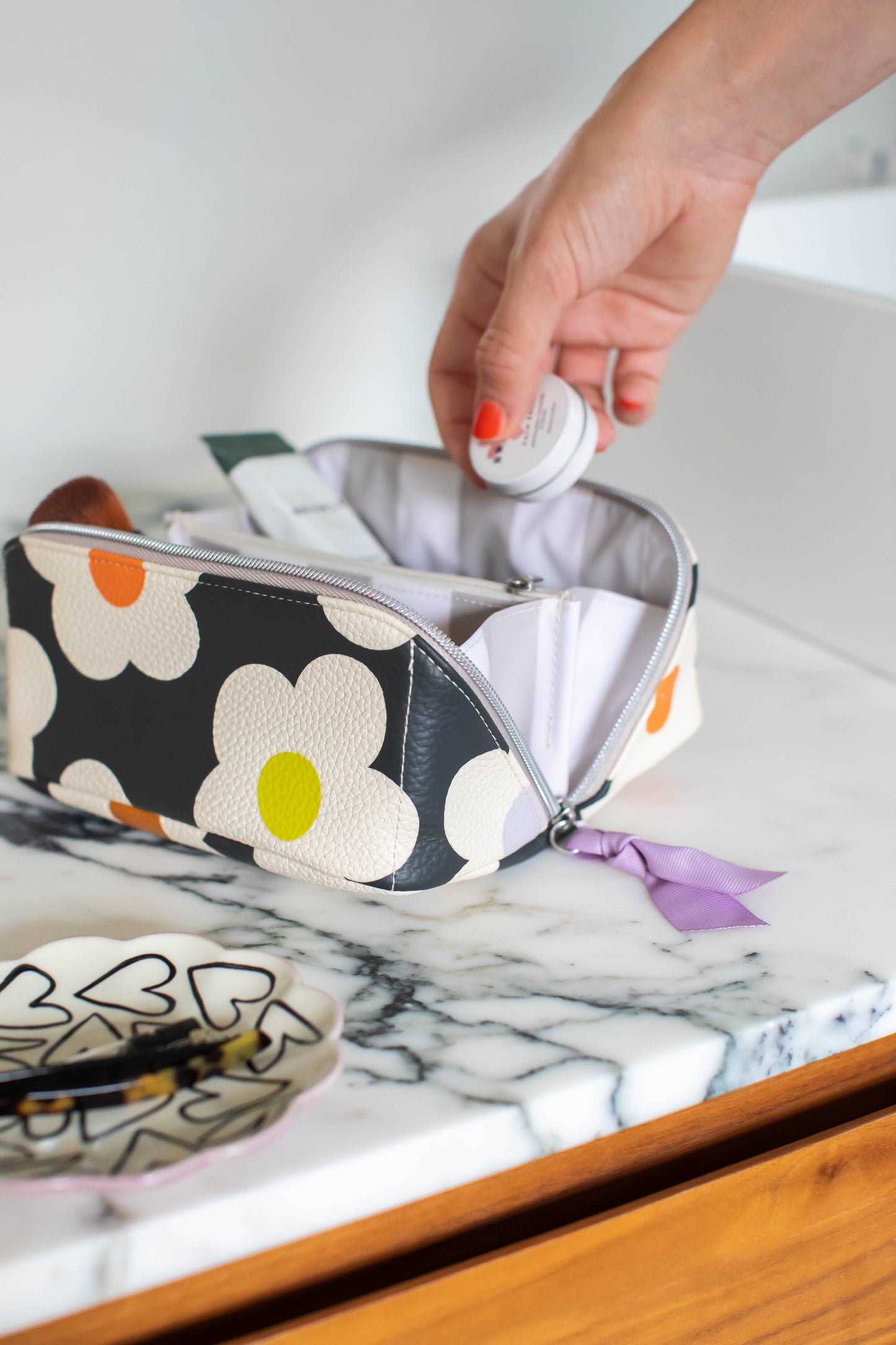 Caroline Gardner - Multi Flower Charcoal Diagonal Cosmetic Bag