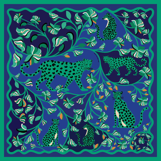 Jessie Zhao New York |  Double Sided Silk Scarf Of Leopards In The Verdant Wild