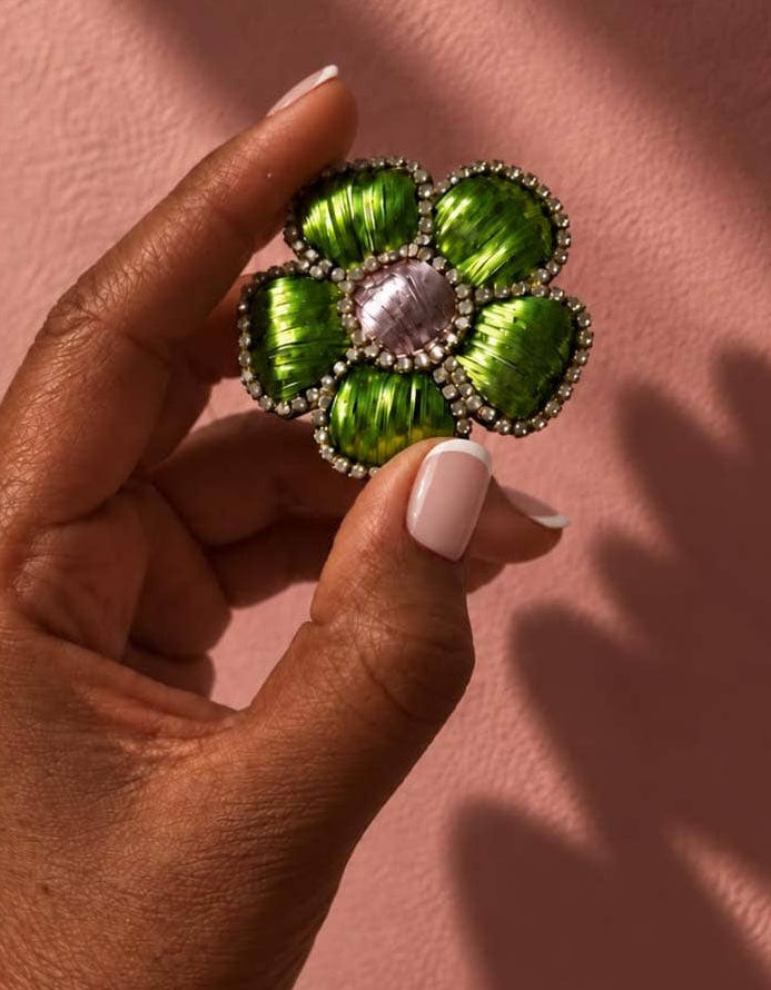 Céleste Mogador | Small Lime Green and Pink Flower Brooch