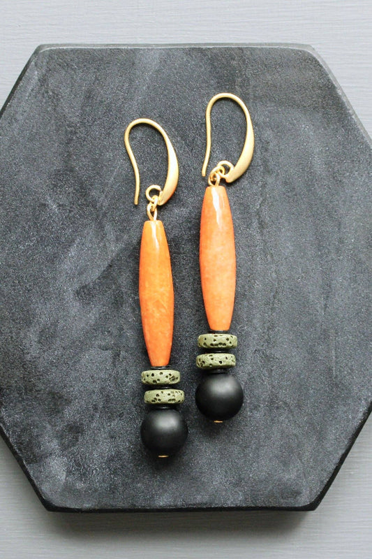 David Aubrey | Carnelian jade and jet earrings