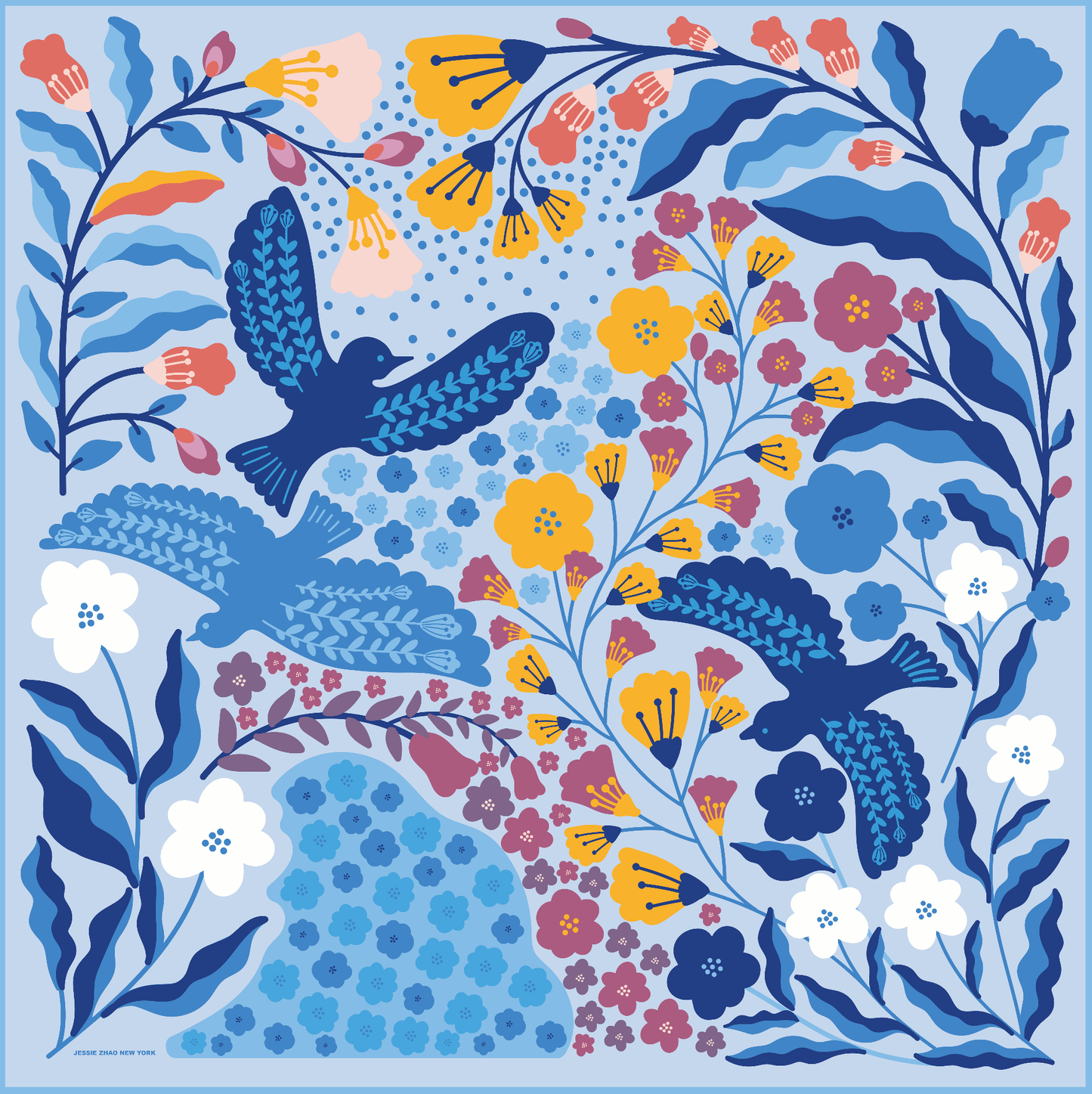 Jessie Zhao New York | Double Sided Silk Scarf of Blue Birds