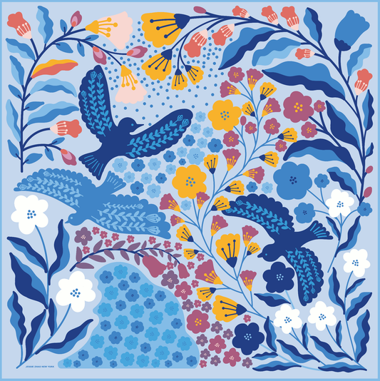 Jessie Zhao New York | Double Sided Silk Scarf of Blue Birds