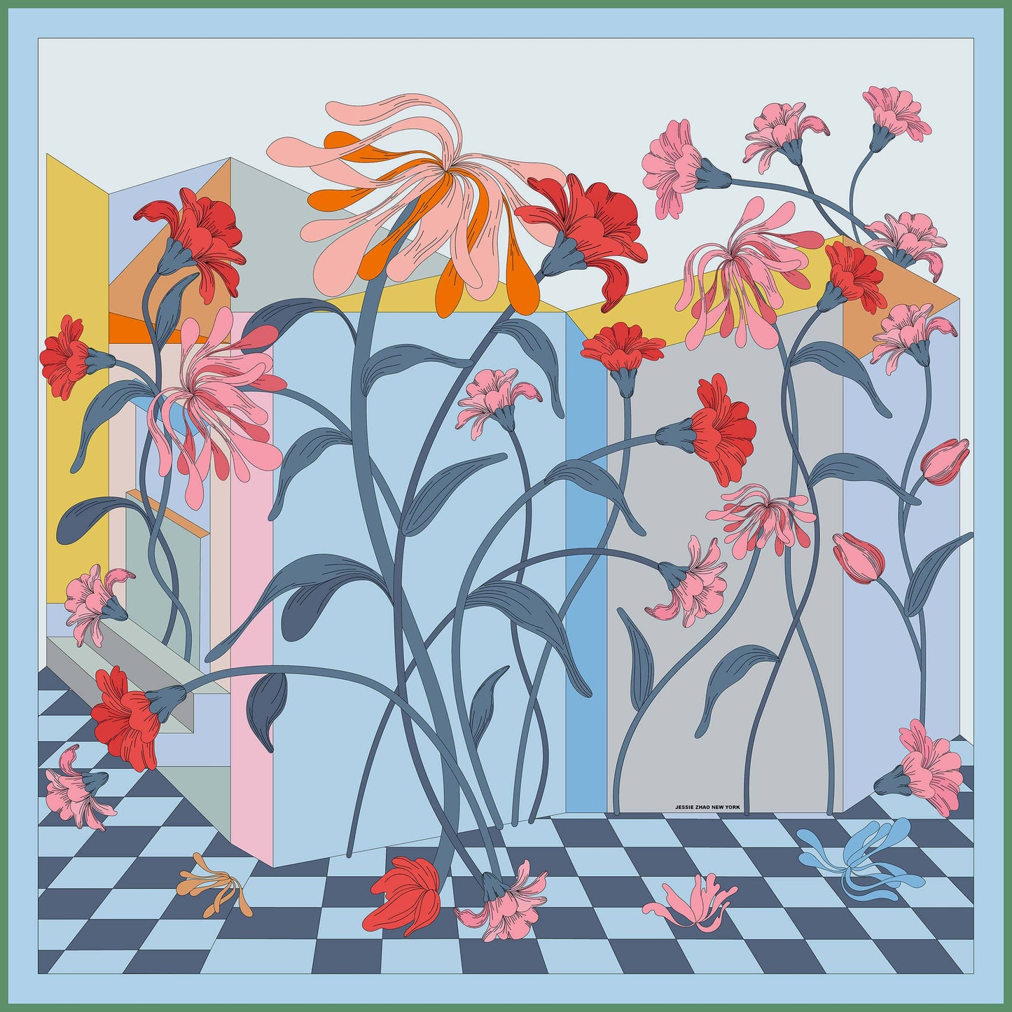 Jessie Zhao New York - Double Sided Silk Scarf of Flowers Daydreams