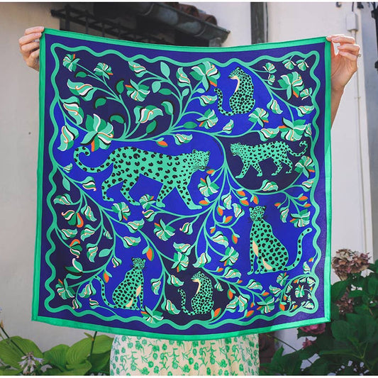 Jessie Zhao New York |  Double Sided Silk Scarf Of Leopards In The Verdant Wild