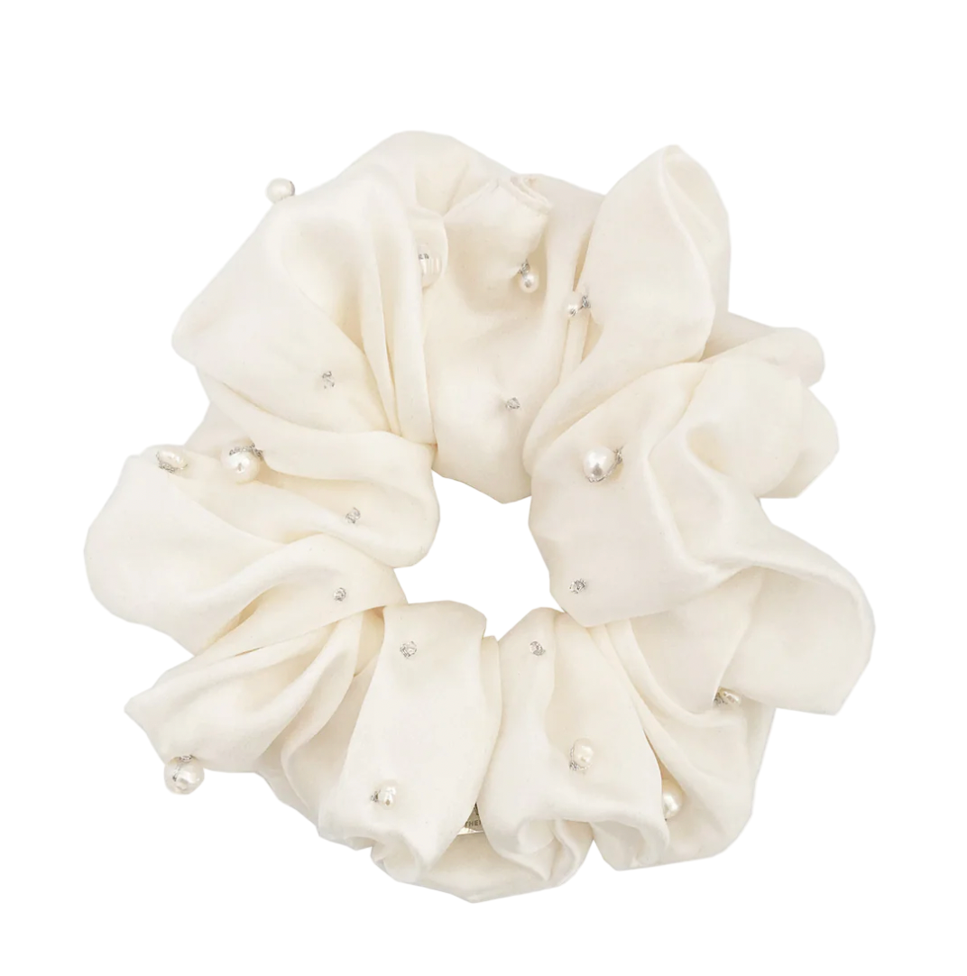Aethera | Cultured Pearl & Crystal Embellished Silk Scrunchie - Pearl