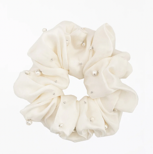 Aethera | Cultured Pearl & Crystal Embellished Silk Scrunchie - Pearl