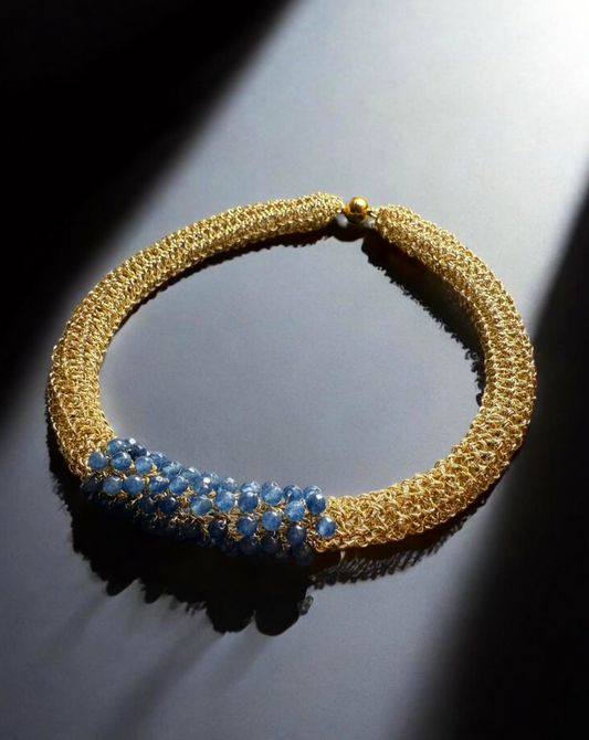 Hara Karamichali | Tube Knitting Necklace Gold - Aqua Blue