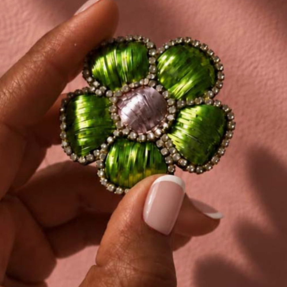 Céleste Mogador | Small Lime Green and Pink Flower Brooch