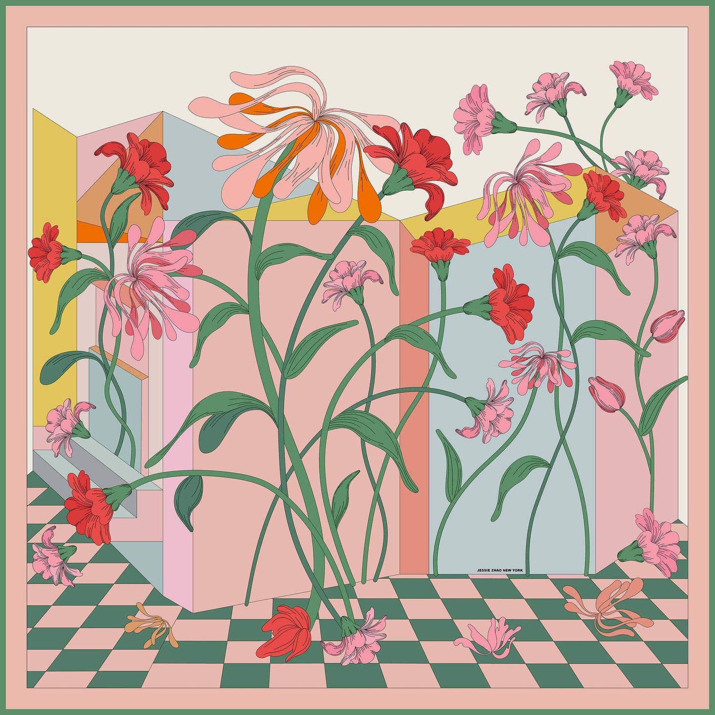 Jessie Zhao New York - Double Sided Silk Scarf of Flowers Daydreams